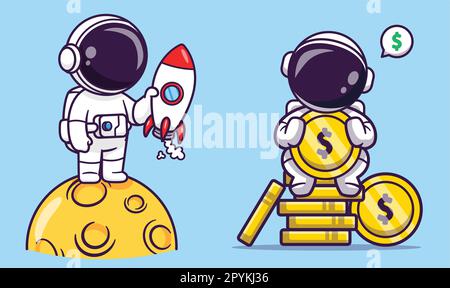 Cute astronaut sitting on gold coin cartoon vector icon illustration science business icon isolated Stock Vector