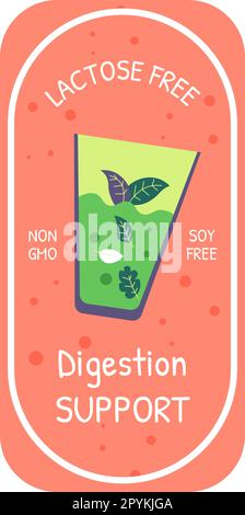 Lactose and soy free, digestion support food label Stock Vector
