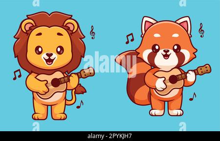 Cute lion playing guitar cartoon vector icon illustration. animal music icon concept isolated flat Stock Vector