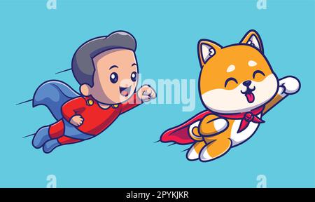 Free vector cute boy super hero flying cartoon vector icon illustration. people holiday icon concepte Stock Vector