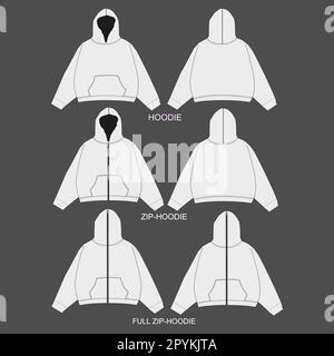 Hoodie sweatshirt flat technical drawing illustration mock-up template. Full Zip Up Hoodie Unisex Sweatshirt. Women Hoodie Vector Illustration Stock Vector