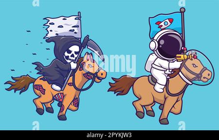 Cute astronaut riding horse with space gun cartoon vector icon illustration. science animal isolated Stock Vector