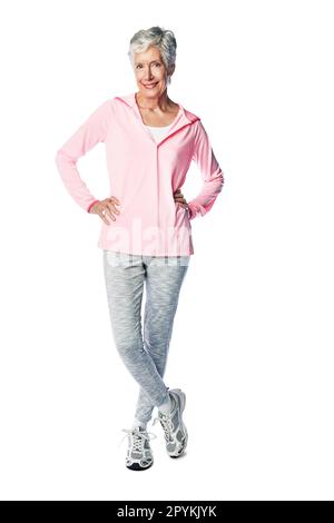 Isolated senior woman, portrait and workout in retirement with smile, wellness or happy by transparent png background. Elderly lady, training or Stock Photo