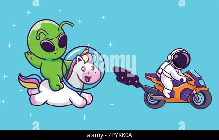 Cute astronaut riding motorcycle sport in space cartoon vector icon illustration. science transport Stock Vector