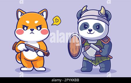 Free vector cute panda knight viking cartoon vector icon illustration. animal nature icon concepte Stock Vector