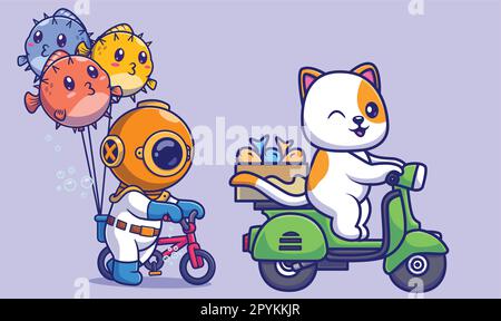 Cute cat riding scooter with fish box cartoon vector icon illustration. animal transportation icon Stock Vector