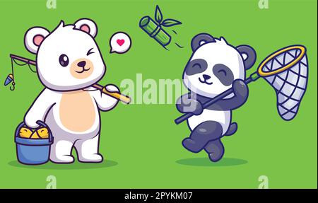 Cute panda catching bamboo with fishing net cartoon vector icon illustration. animal nature isolated Stock Vector