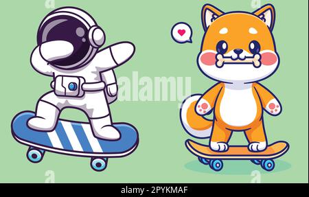 Cute shiba inu bite bone on skateboard cartoon vector icon illustration animal sport icon isolated Stock Vector