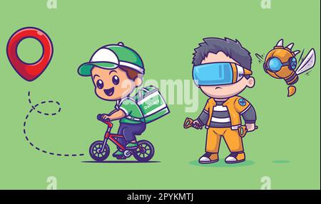 Cute boy playing vr game with robot cartoon vector icon illustration. people technology isolated Stock Vector