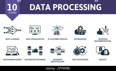 Data processing outline set. Creative icons: deep learning, data visualization, ai customer service, optimization, shopping recommendation, system Stock Vector