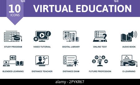 Virtual education outline set. Creative icons: study program, video tutorial, digital library, online test, audio book, blended learning, distance Stock Vector