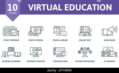 Virtual education outline set. Creative icons: study program, video tutorial, digital library, online test, audio book, blended learning, distance Stock Vector