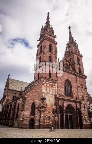 Main facade, Basel Minster, originally a Catholic cathedral and today a Reformed Protestant church. The original cathedral was built between 1019 and Stock Photo
