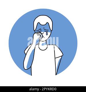 Sad boy with emotion of melancholy, facial expression with gestures. Teenager in sadness, white hair, expressing his melancholy feelings. Blue vector Stock Vector