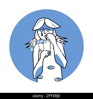Sad girl with emotion of melancholy, facial expression with gestures. Teenager in sadness, ponytail haircut, expressing her melancholy feelings. Blue Stock Vector