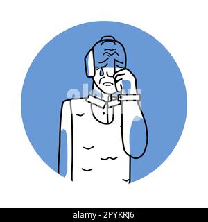 Sad old man with emotion of melancholy, facial expression with gestures. Grandmother in sadness, white hair, expressing her melancholy feelings. Blue Stock Vector