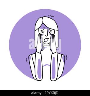 Frightened woman, emotion of fear, facial expression with gestures. Afraid female with white hair, expressing her panic feelings. Purple vector circle Stock Vector