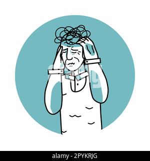 Stressed old man with emotion of anxiety, facial expression with gestures. Stressful mood grandfather with white hair, expressing her worry feelings. Stock Vector