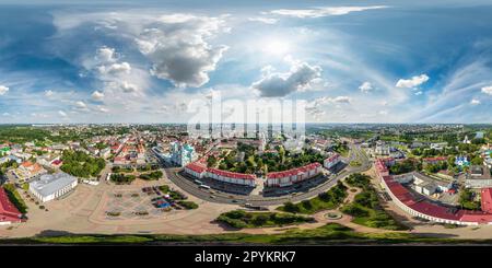 360 degree panoramic view of aerial full seamless spherical hdri 360 panorama view from great height on red roofs and square of historical center of old big city  in equirectangul