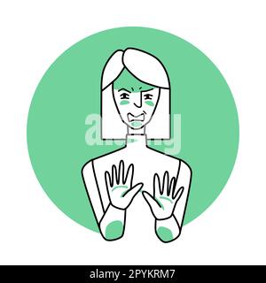 Adult woman with emotion of disgust, facial expression with hands. Disgusted female with white hair, expressing her negative revulsion feeling with ge Stock Vector