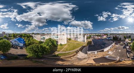 360 degree panoramic view of aerial full seamless spherical 360 hdri panorama view in city overlooking of residential area of high-rise buildings in equirectangular projection. ,