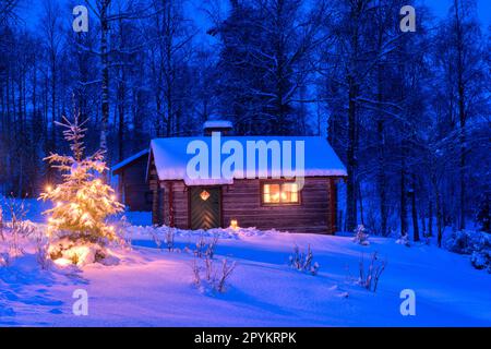 A log house with lit windows and  Christmas tree in a snowy landscape, Sweden Stock Photo