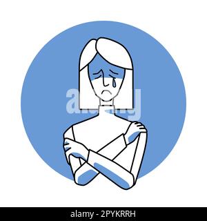 Sad woman with emotion of melancholy, facial expression with gestures. Female in sadness, white hair, expressing her melancholy feelings. Blue vector Stock Vector