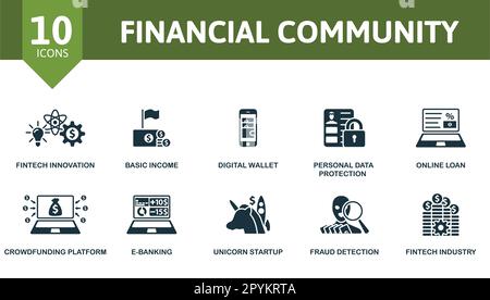Financial community outline set. Creative icons: fintech innovation, basic income, digital wallet, personal data protection, online loan, crowdfunding Stock Vector