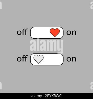 On and Off sign, icon, switch buttons set with heart Stock Vector