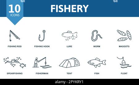 Fishing set. Creative icons: fishing rod, fishing hook, lure, worm,  maggots, fishing reel, rod pod, fishing line, ice drill, boat fishing Stock  Vector Image & Art - Alamy