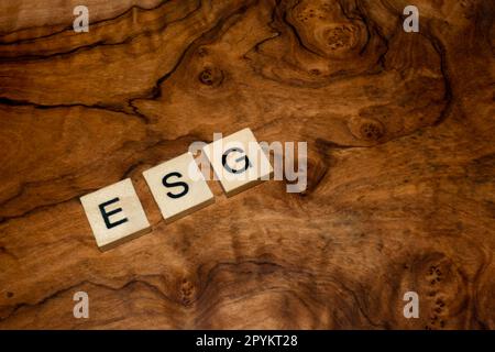 ESG written with block letters spelling out Environmental Social and Governance green investing concept Stock Photo