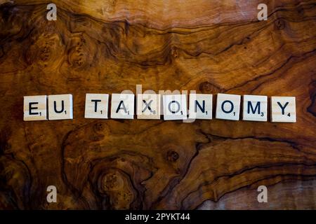 Stockholm, Sweden - 26 June 2022: eu taxonomy written in sustainable wooden tiles on vintage wood background as a concept Stock Photo
