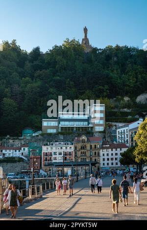 San Sebastian, SPAIN - July 09 2022 Streets of San Sebastian - Donostia. View of old town center with bars and restaurant. People passing. Stock Photo