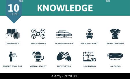 Knowledge outline set. Creative icons: cybernetics, space drones, high speed train, personal robot, smart clothing, exoskeleton suit, virtual reality Stock Vector