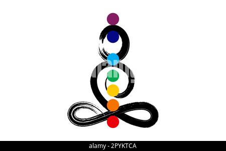 yoga position in black ink vector brush strokes symbol. Seven chakras, energy body and Yogi meditating in the lotus position. Meditation line icon ill Stock Vector