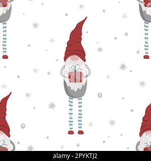Seamless vector illustration with Christmas gnomes. Seamless pattern for decorating textiles, packaging, wallpaper. Stock Vector