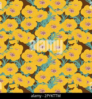 pattern of ditsy yellow flower on brown background Stock Vector