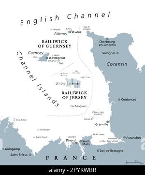 Channel Islands, gray political map. Crown Dependencies Bailiwick of Guernsey and Bailiwick of Jersey. Archipelago in the English Channel. Stock Photo