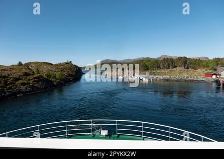 Ferry leaving Leka island, Norway. Stock Photo