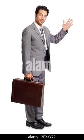 Portrait, wave and suitcase with a business man isolated on a transparent background for professional work. Corporate, welcome and greeting with a Stock Photo