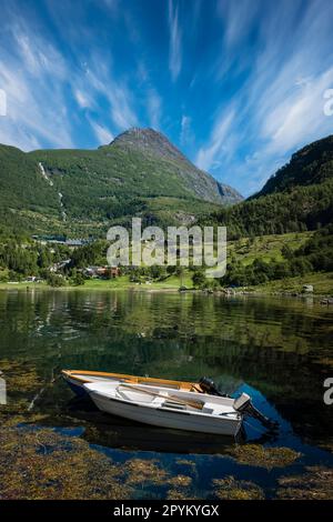 A rowing boat on lake Agvatnet at Å, southernmost settlement in the Lofoten Islands, Norway. Stock Photo