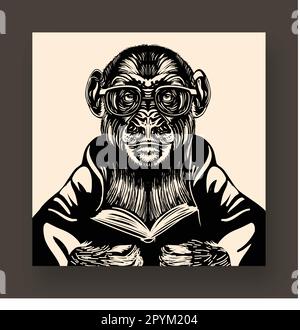 black and white ape reading a book vector seamless illustration Stock Vector
