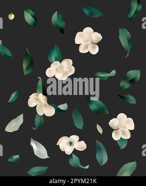 vector digital illustration of white flower patterns with leaves seamless Stock Vector