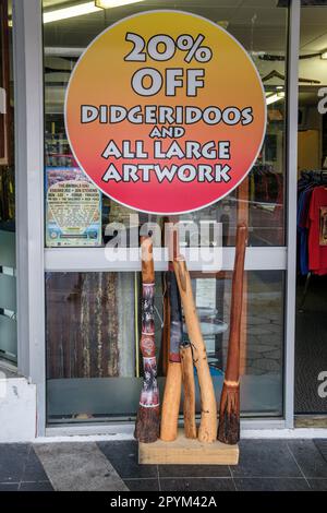 Sale of didgeridoos and aboriginal art, Airlie Beach, Queensland, Australia Stock Photo