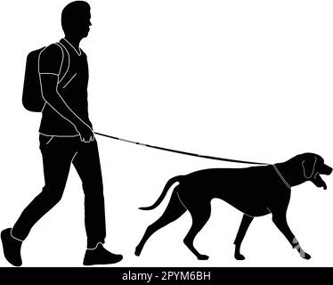 man with backpack walking dog, silhouette - vector artwork Stock Vector