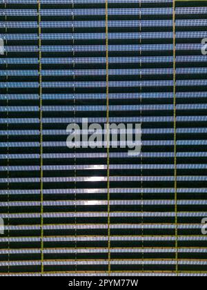 Aerial view of solar panels on a sunny day, green power farm producing clean energy - Stock Photo Stock Photo