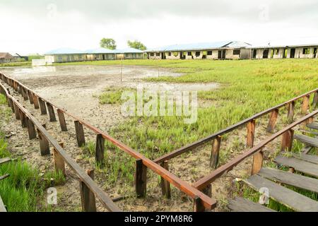 Ondo State, Nigeria - May 2nd, 2023 - Polluted school building environment in Abereke riverine community of Ilaje, Ondo State. Stock Photo