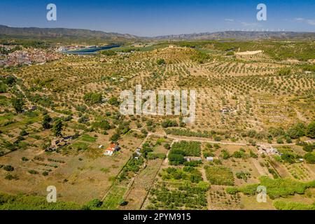 Aerial view of the Flix meander, where the Ebro river forms a huge meander around the castle and village of Flix (Ribera d'Ebre, Tarragona, Spain) Stock Photo