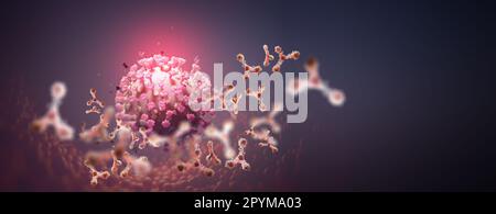 Antibodies in blood. Immunity fights viral infection. 3D illustration on the theme of a pandemic, epidemic, viruses and their mutations Stock Photo