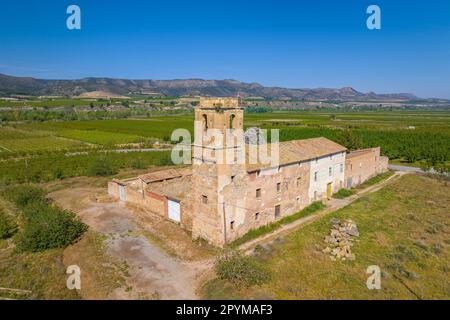 Former monastery of Santa Maria d'Escarp, near the confluence of the Segre and Cinca rivers, in spring (Segrià, Catalonia, Spain) Stock Photo